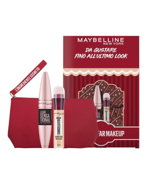 MAYBELLINE IL DOLCE FAR MAKEUP POCHETTE ROSSA-MASCRA SENSATIONAL EXTRA NERO-CORRETTORE CANCELLA ETA' 01