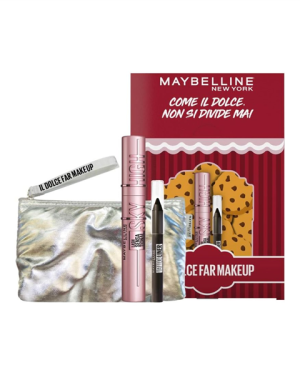 MAYBELLINE IL DOLCE FAR MAKEUP POCHETTE PUFFY ARGENTATA-MASCRA SKY HIGH BLACK-MINI TATTOO LINER IN GEL